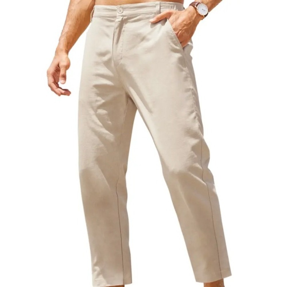 COOFANDY Mens Beige Linen Blend Casual Pants Flat Front Size XL Beach Trousers